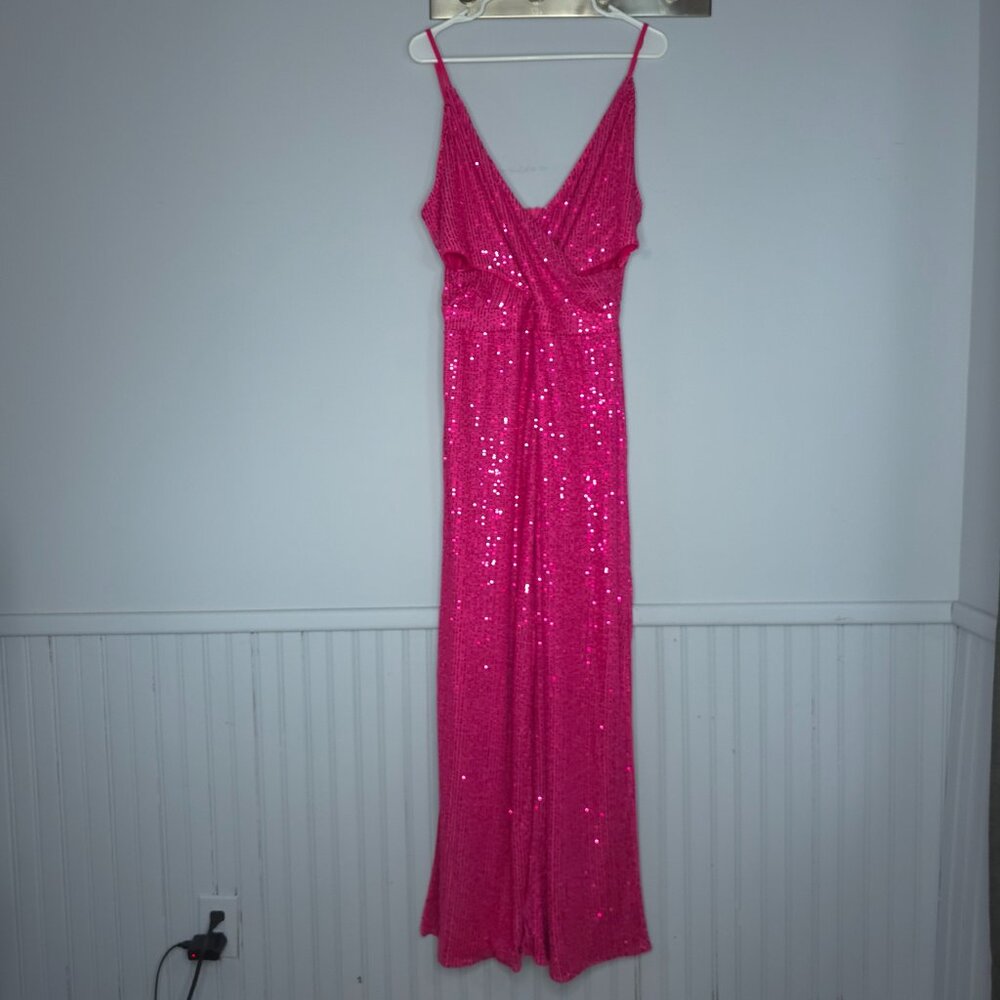Sleeveless Wrap Magenta Sequin Wide Leg Pants Suit XL Barbie Chic